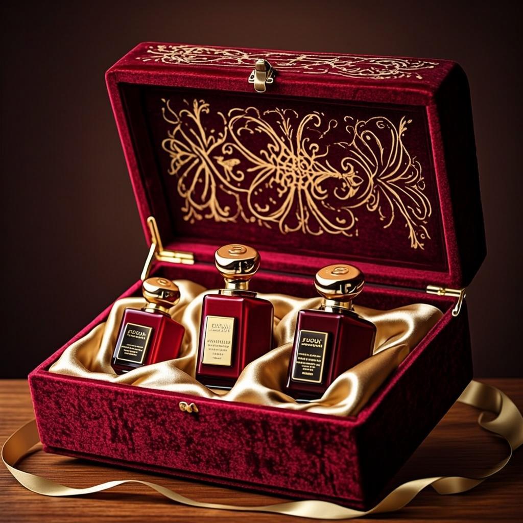 coffret velours cramoisi trois flacons
