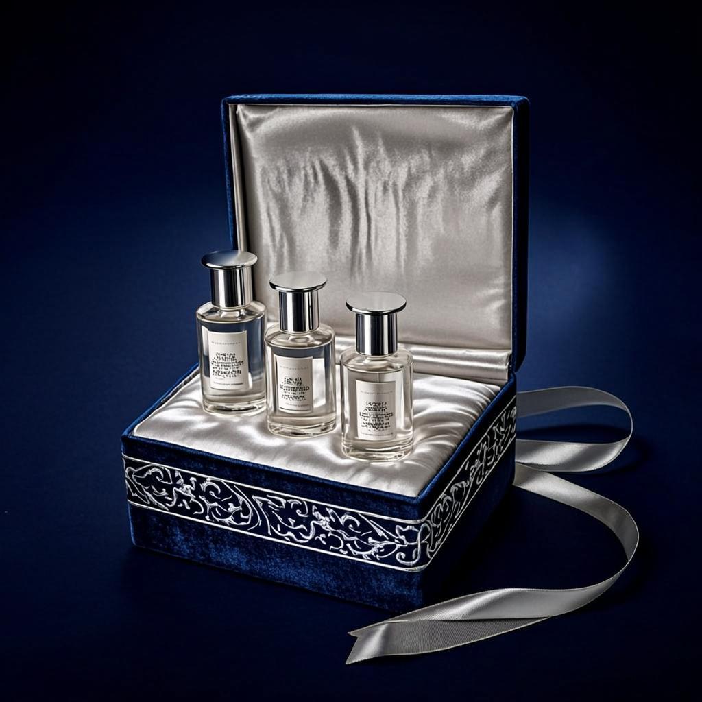 coffret velours bleu nuit trois flacons